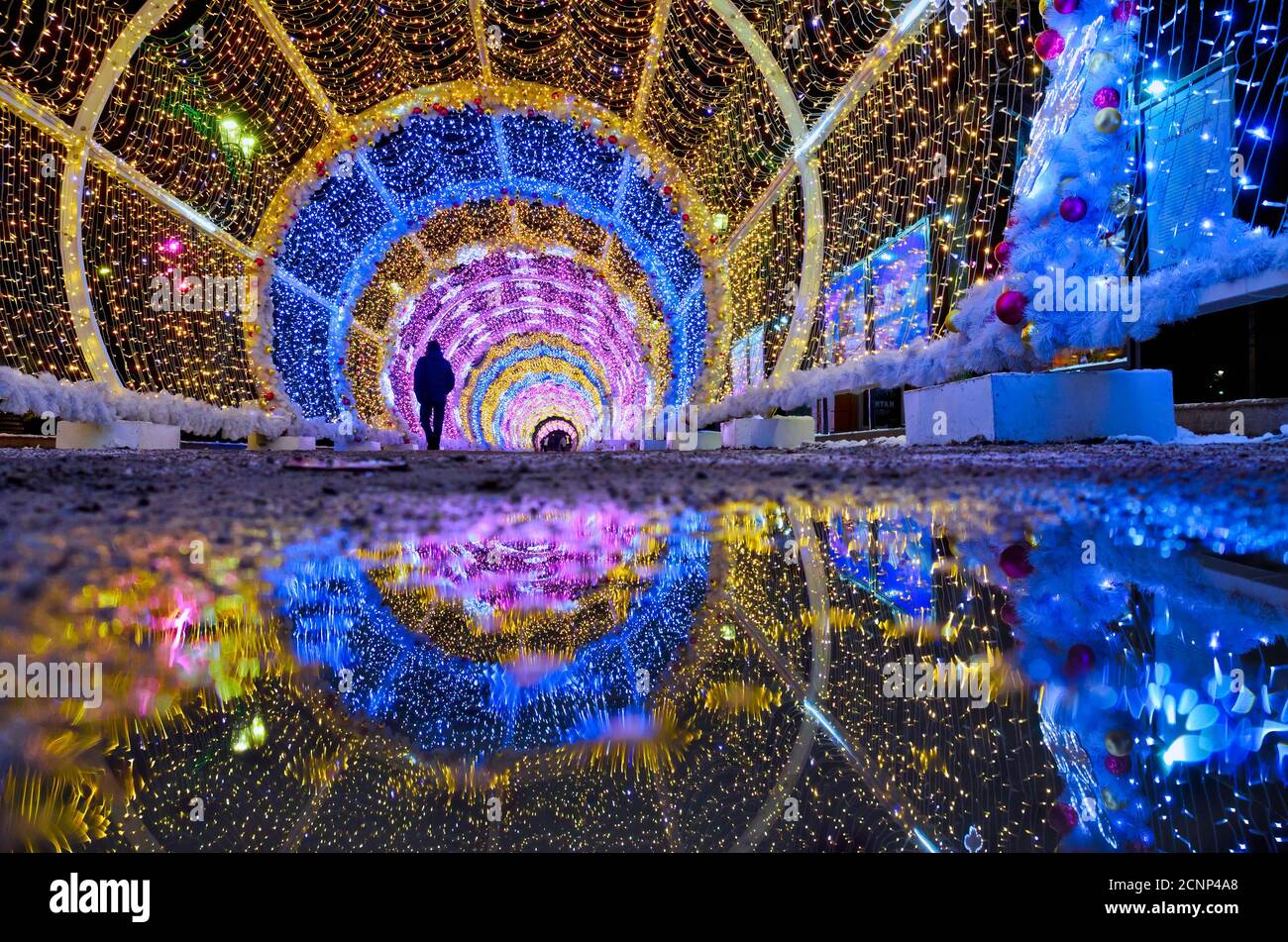 Tunnel of the lights with reflections at night Stock Photo Alamy