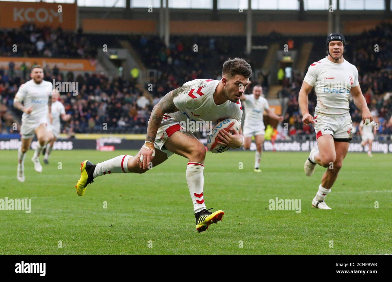 Rugby League - England v New Zealand - KCOM Stadium, Hull, Britain - October 27, 2018  England’s Oliver Gildart scores their third try  Action Images/Ed Sykes Stock Photo
