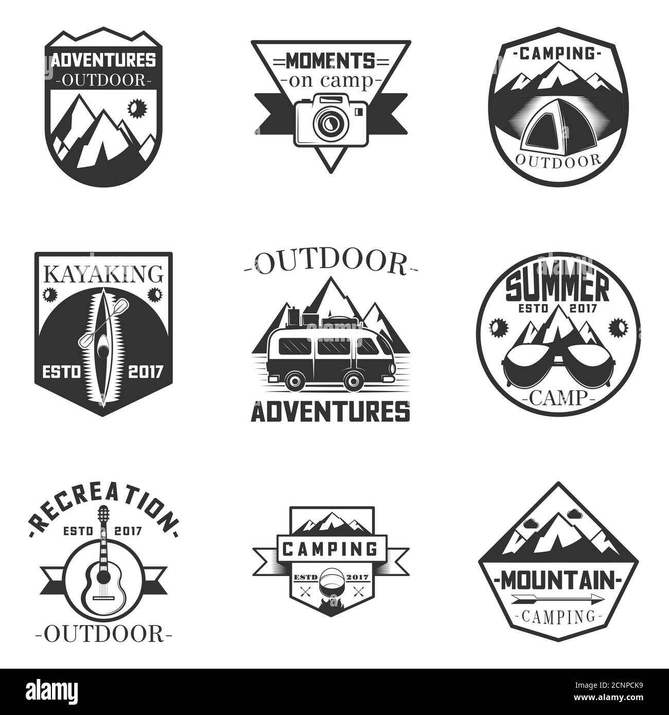 Vector set of outdoor activity, camping and expedition labels in vintage style. Design elements, icons, logo. Camp outdoor adventure illustration. Stock Vector