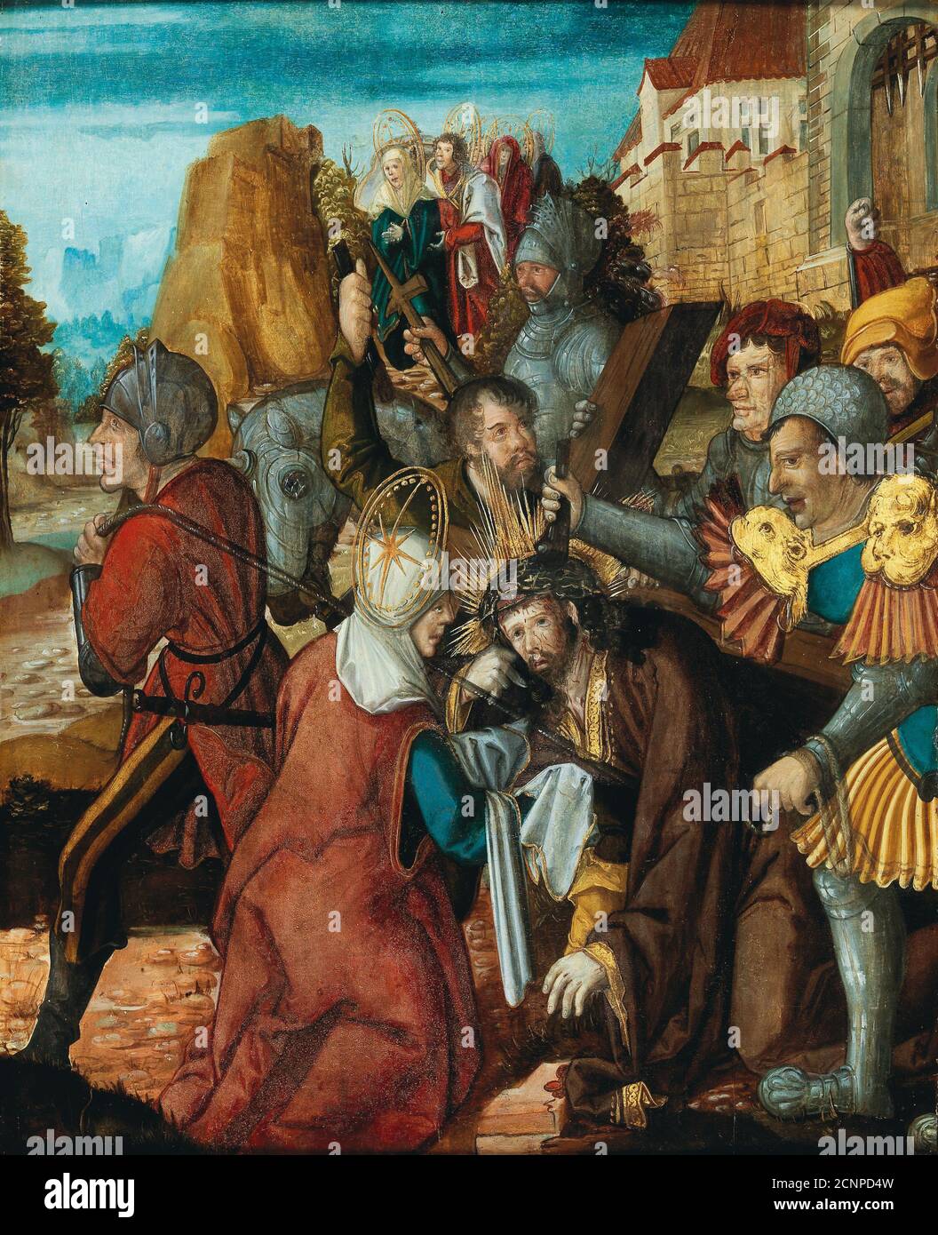 Saint Veronica presenting her veil to Christ on his way to Calvary, ca 1515-1520. Private Collection. Stock Photo
