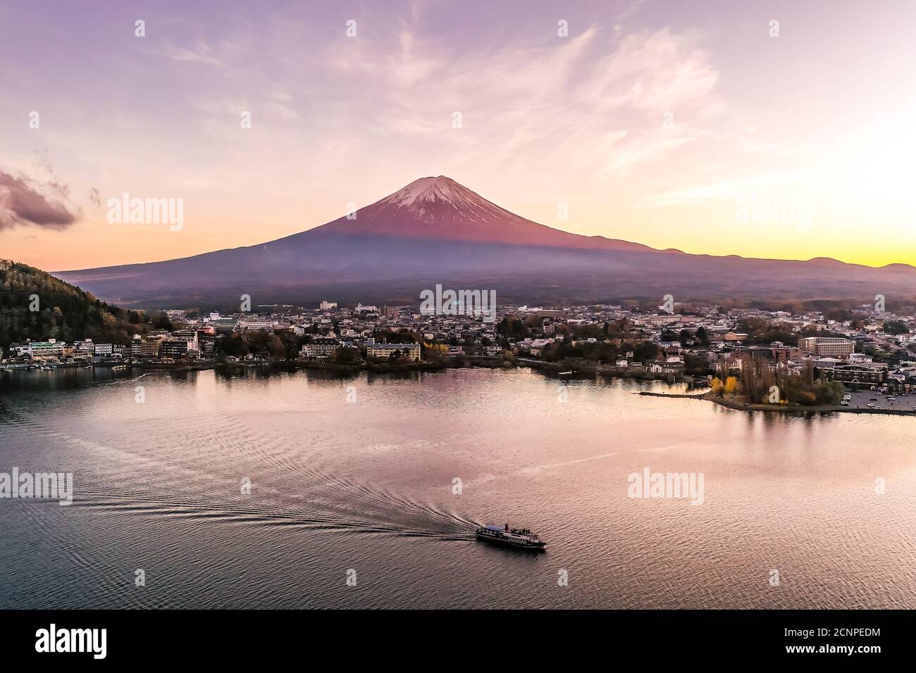 Aerial view over lake Kawaguchi, located in the border Fujikawaguchiko and Minobu, southern Yamanashi Prefecture near Mount Fuji, Japan. Lake Kawaguch Stock Photo