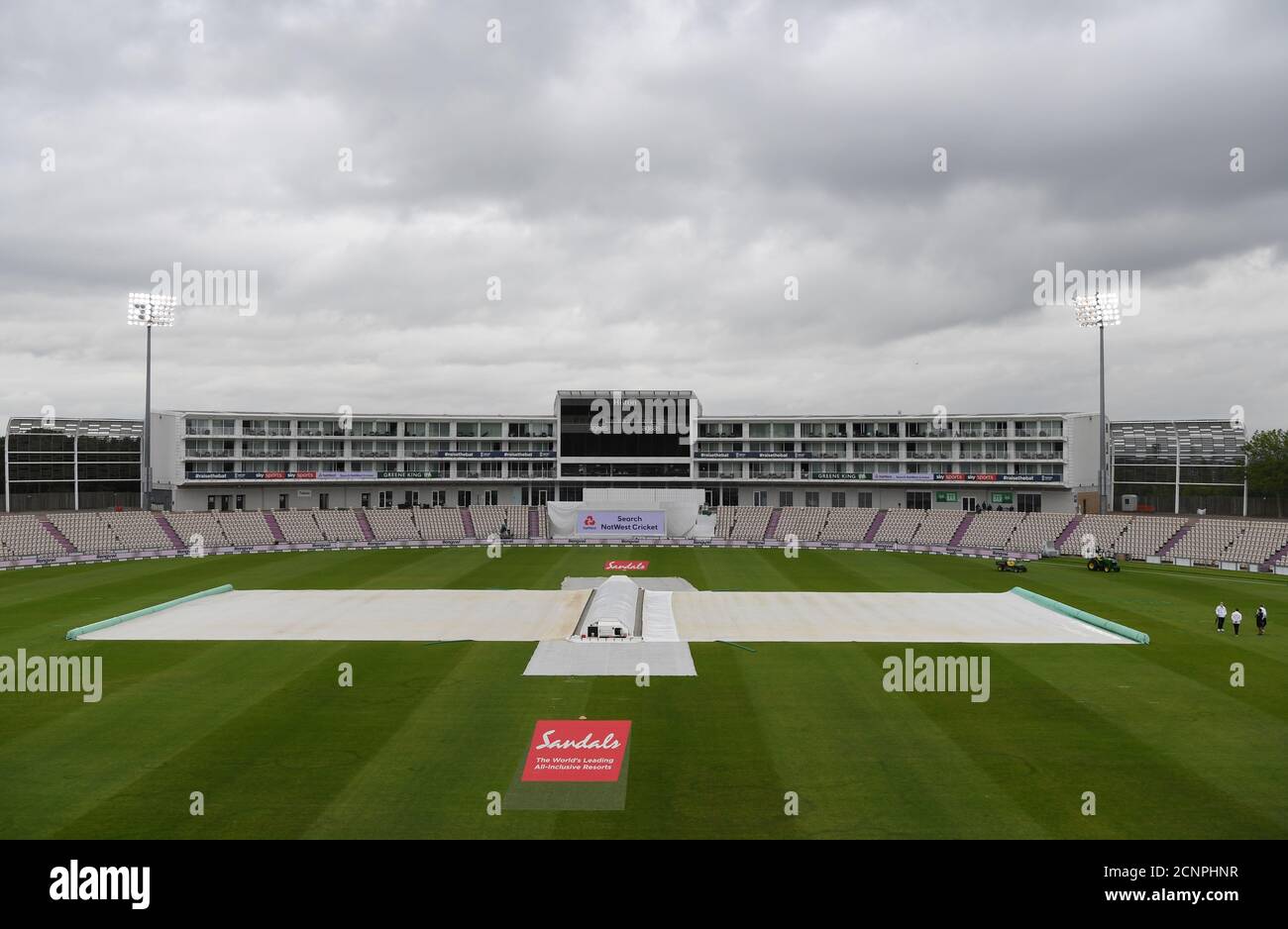 Cricket - First Test - England v West Indies - Rose Bowl Cricket Stadium,  Southampton, Britain - July 8, 2020 A general view of the pitch covered  during a rain delay, as
