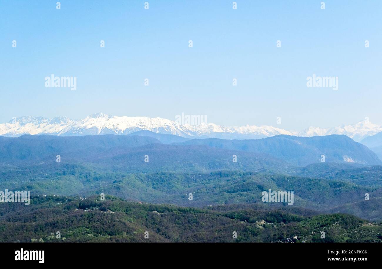 View from the lookout tower on mount Akhun of the Caucasus mountains, Adler district, Krasnodar region, Sochi, Russia. Stock Photo