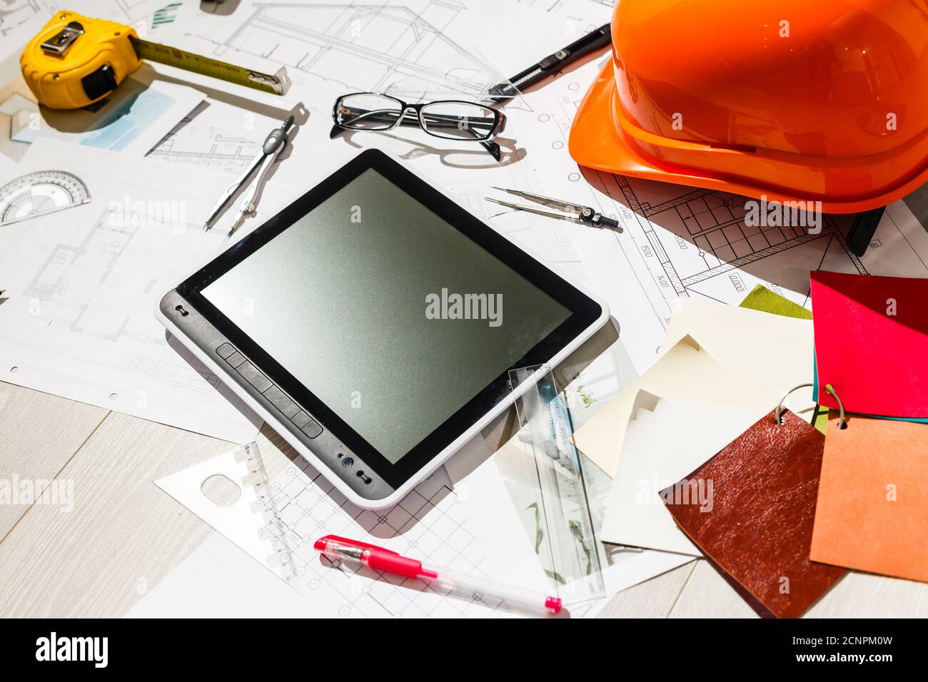Computer Tablet with Master Bathroom Design Over House Plans, Pencil ...