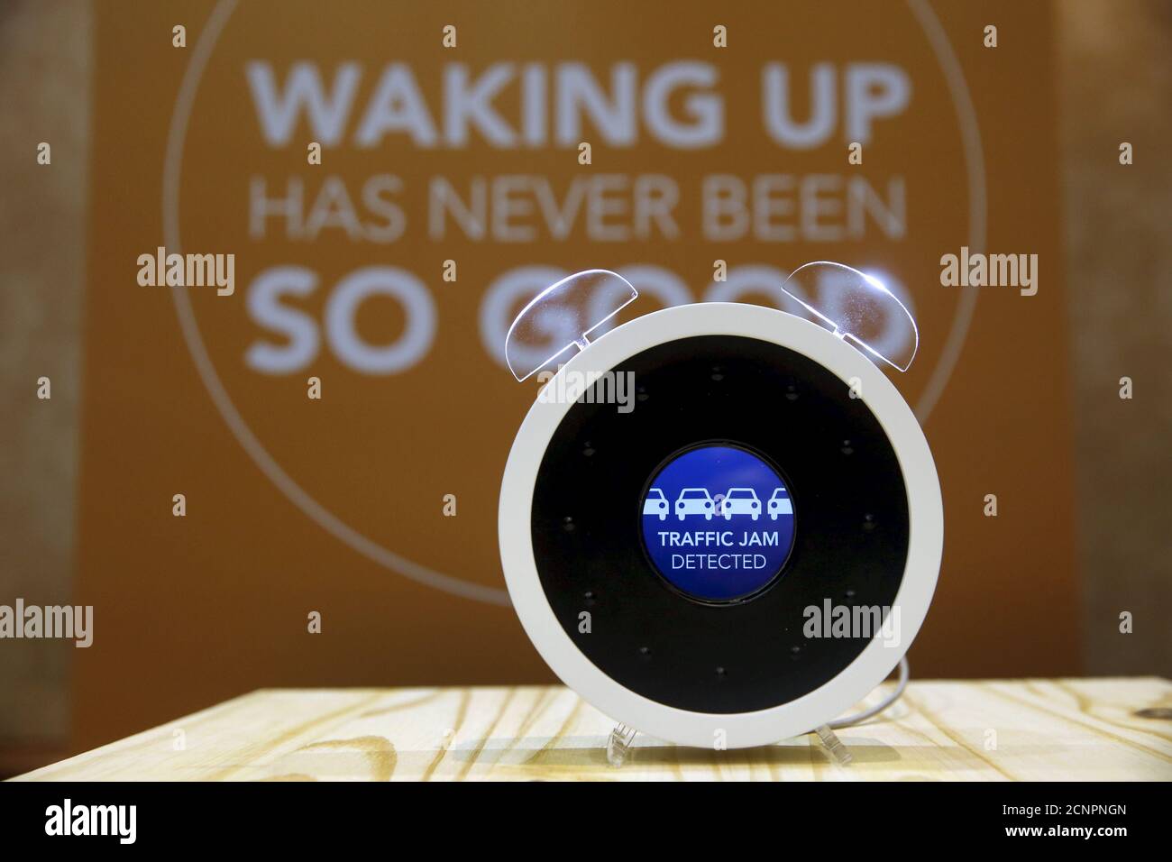 A Bonjour alarm clock is displayed during 'CES Unveiled,' a preview event of the 2016 International CES trade show, in Las Vegas, Nevada January 4, 2016. The voice-controlled, Internet-enabled alarm clock can be programmed to wake you up under a variety of user-set conditions and can alert you if your home security system detects an intruder. The $200 clock from France should be available by Christmas season in 2016, a representative said. REUTERS/Steve Marcus Stock Photo