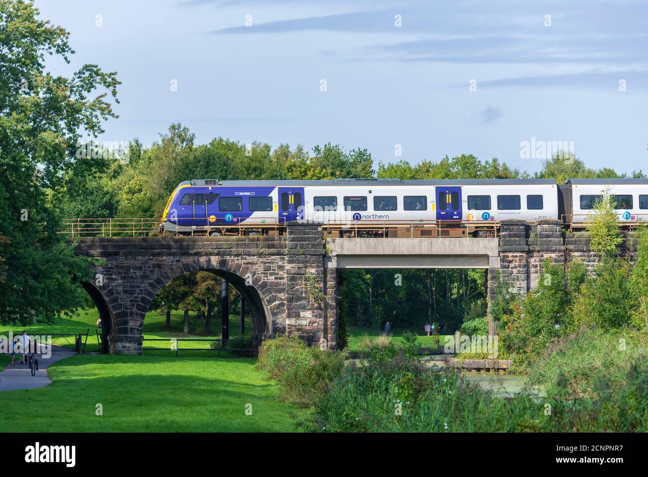 A Northern Rail diesel train crosses the Sankey Valley viaduct over the disused canal in the linaer park in the West of Warrington. Stock Photo