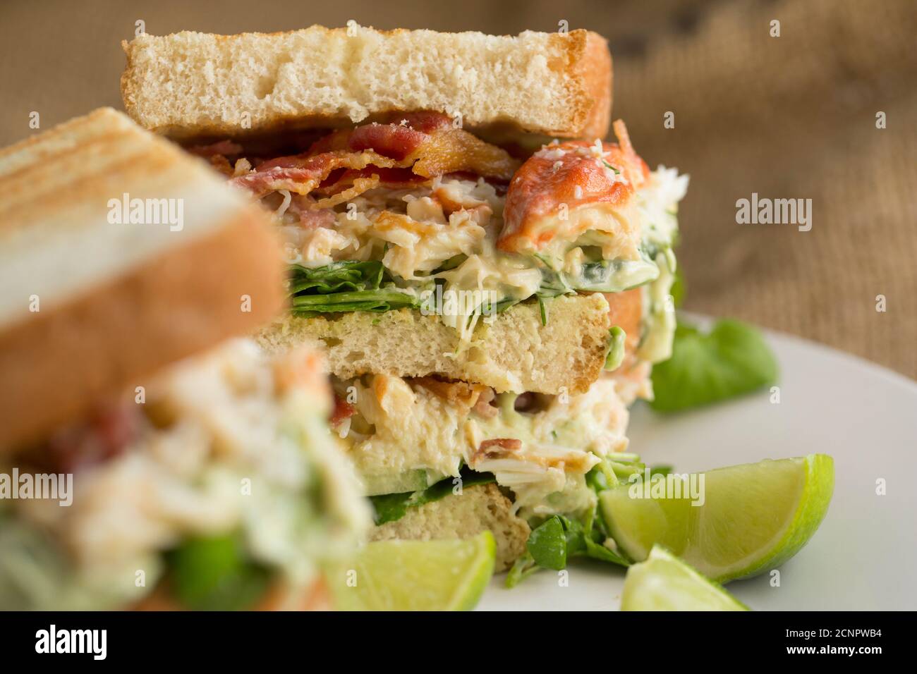 A crab sandwich on toasted bread made from a brown crab, Cancer pagurus, dressed with mayonnaise, lime, dill, avocado, salad and crispy smoked bacon. Stock Photo