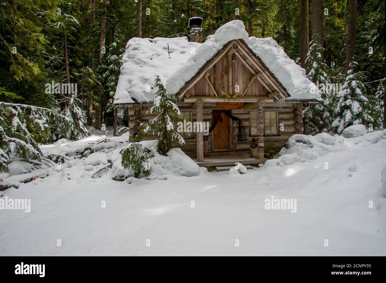 A cabin in the snow near Crystal Mountain and Ashford, Washington at