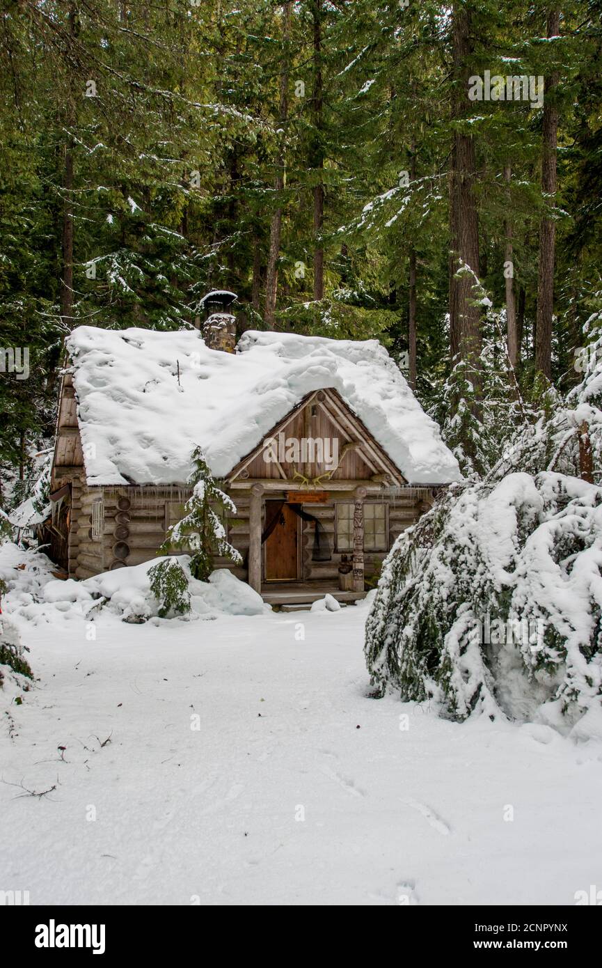 A cabin in the snow near Crystal Mountain and Ashford, Washington at