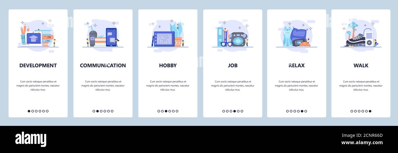 Education online, self development, communication, work, rest, hobby. Mobile app screens, vector website banner template Stock Vector