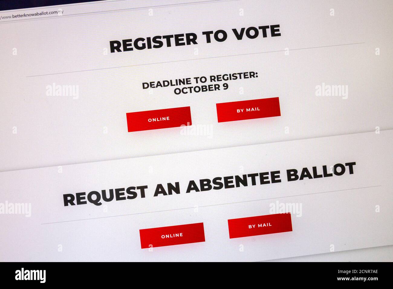 Screen shot of 'A Late Show with Stephen Colbert' website www. betterknowaballot.com with how to vote information for the 2020 US election. Stock Photo