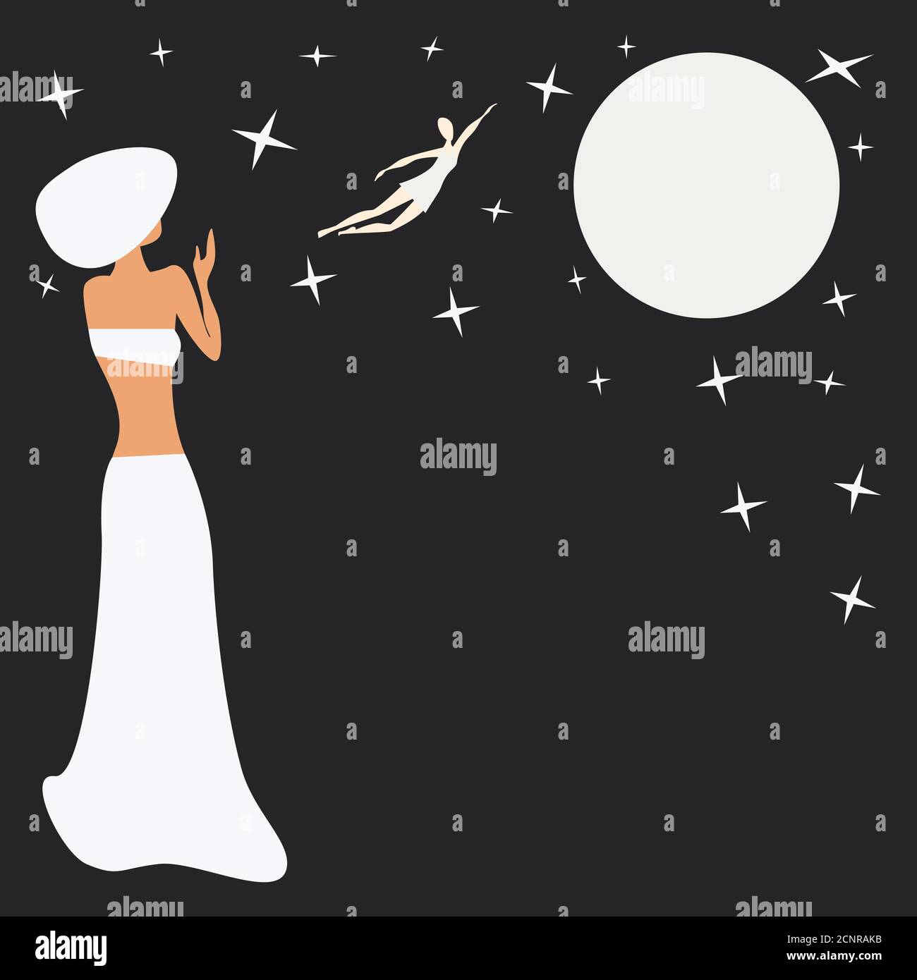 Woman Is looking at full moon. Retro style. Copy space. Vector flat illustration Stock Vector