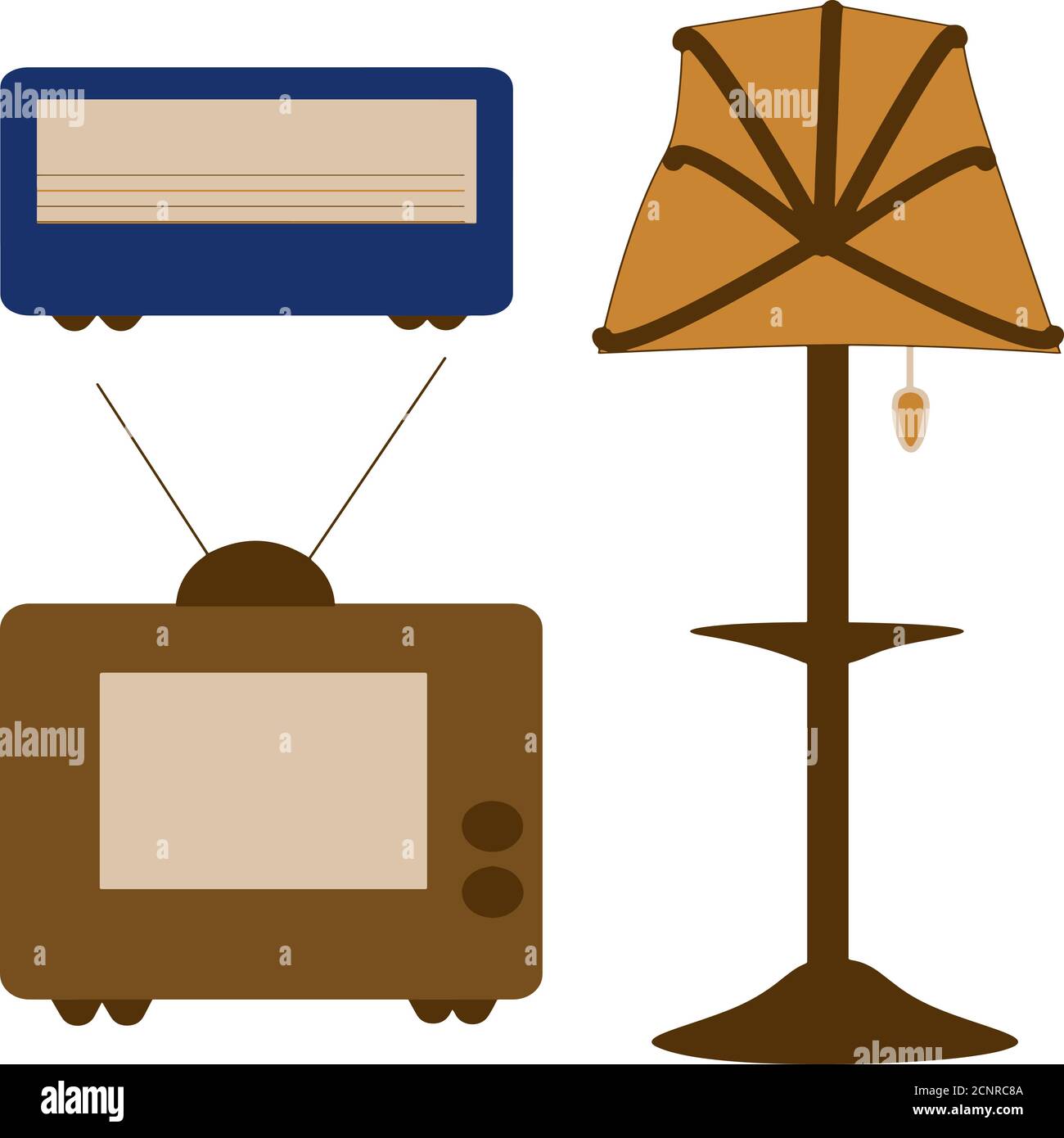 Illustration Retro radio, TV and floor lamp. Print on paper, fabric