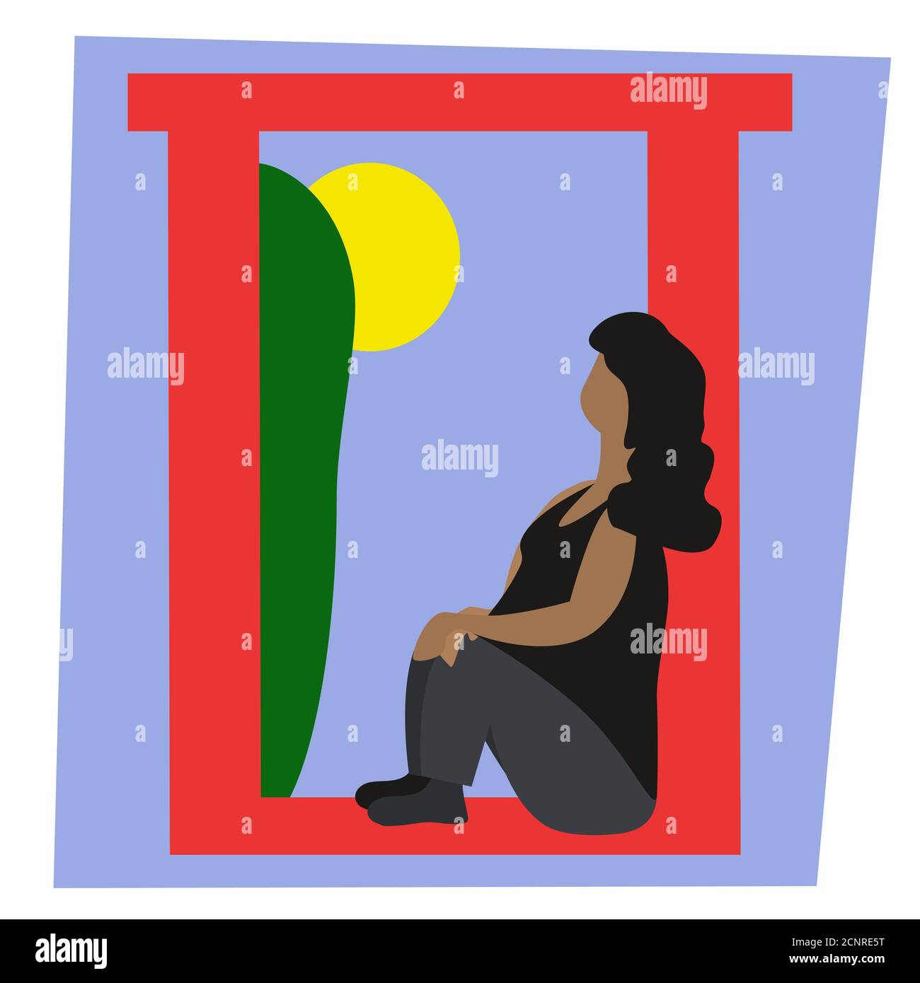 Sad woman is sitting on a windowsill. Vector. Bright life and sad woman. Stock Vector