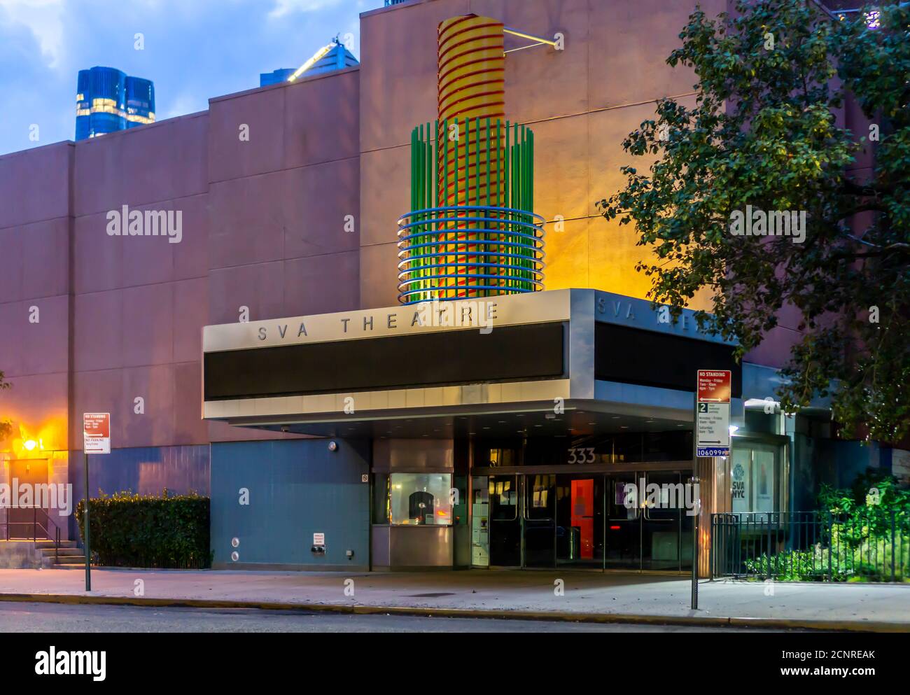 The SVA Theater in the Chelsea neighborhood of New York on Thursday, September 10, 2020.  The sculpture on the marquee was designed by the School of Visual Arts professor Milton Glaser. New York State has till not allowed theaters to reopen even with limited capacity. (© Richard B. Levine) Stock Photo