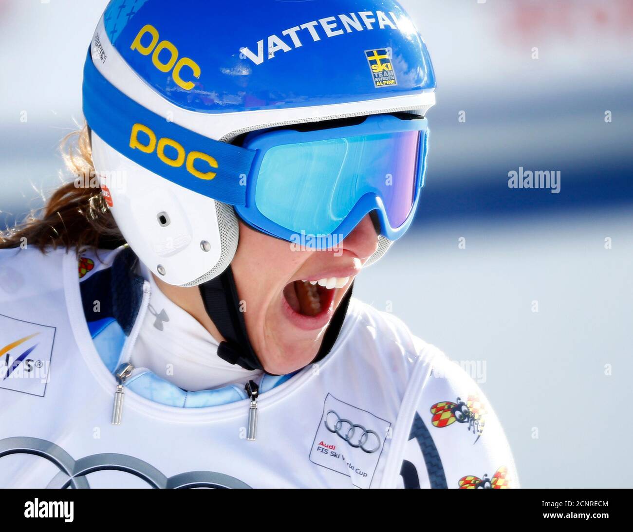 Kajsa Kling of Sweden reacts after her run at the Super-G race at the  women's Alpine skiing World Cup competition at the Corviglia in the Swiss  mountain resort of St. Moritz December