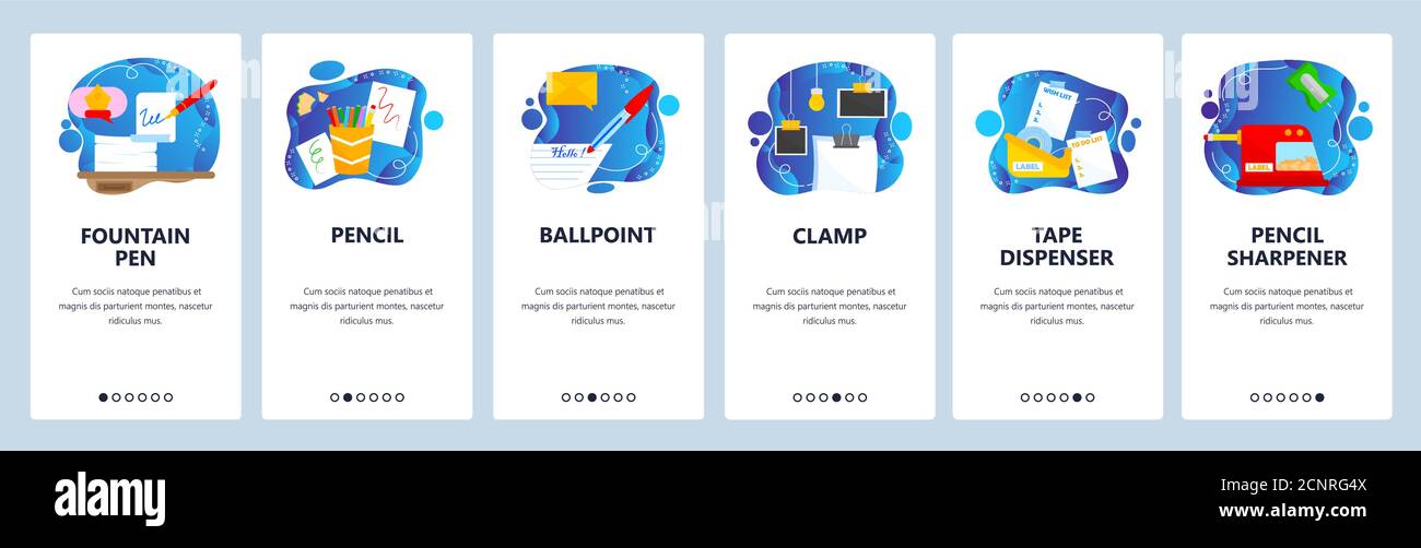 Stationery. Office supplies for business, school. Mobile app onboarding