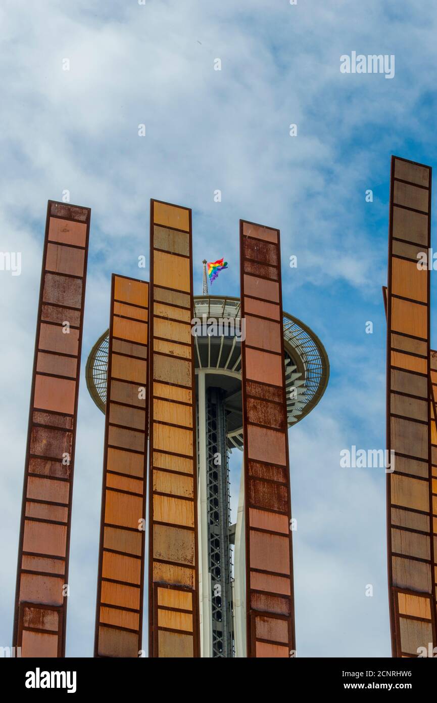 The Grass Blades sculpture by artist John Fleming with the Space Needle at the Seattle Center in Seattle, Washington State, USA. Stock Photo
