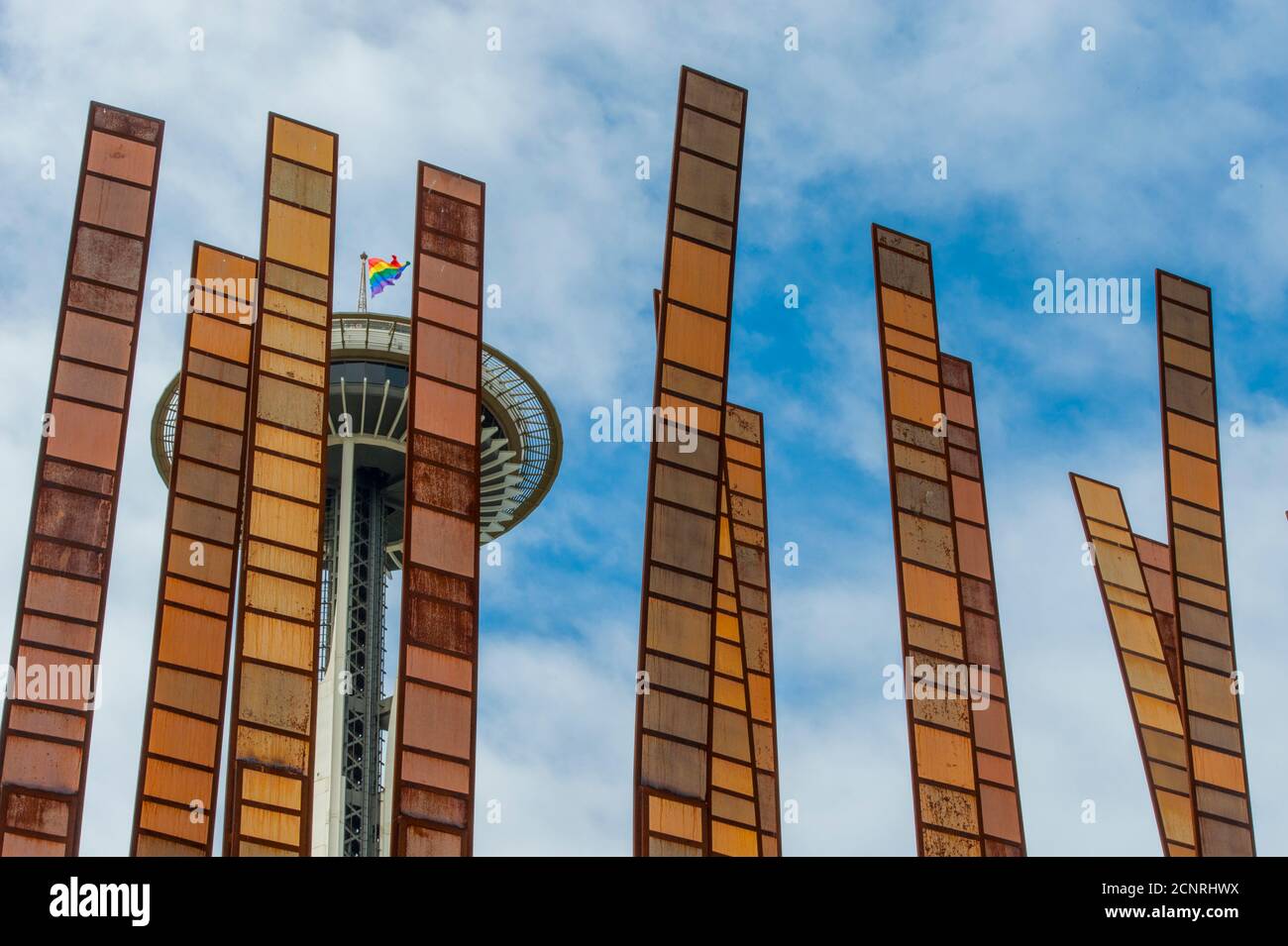 The Grass Blades sculpture by artist John Fleming with the Space Needle at the Seattle Center in Seattle, Washington State, USA. Stock Photo