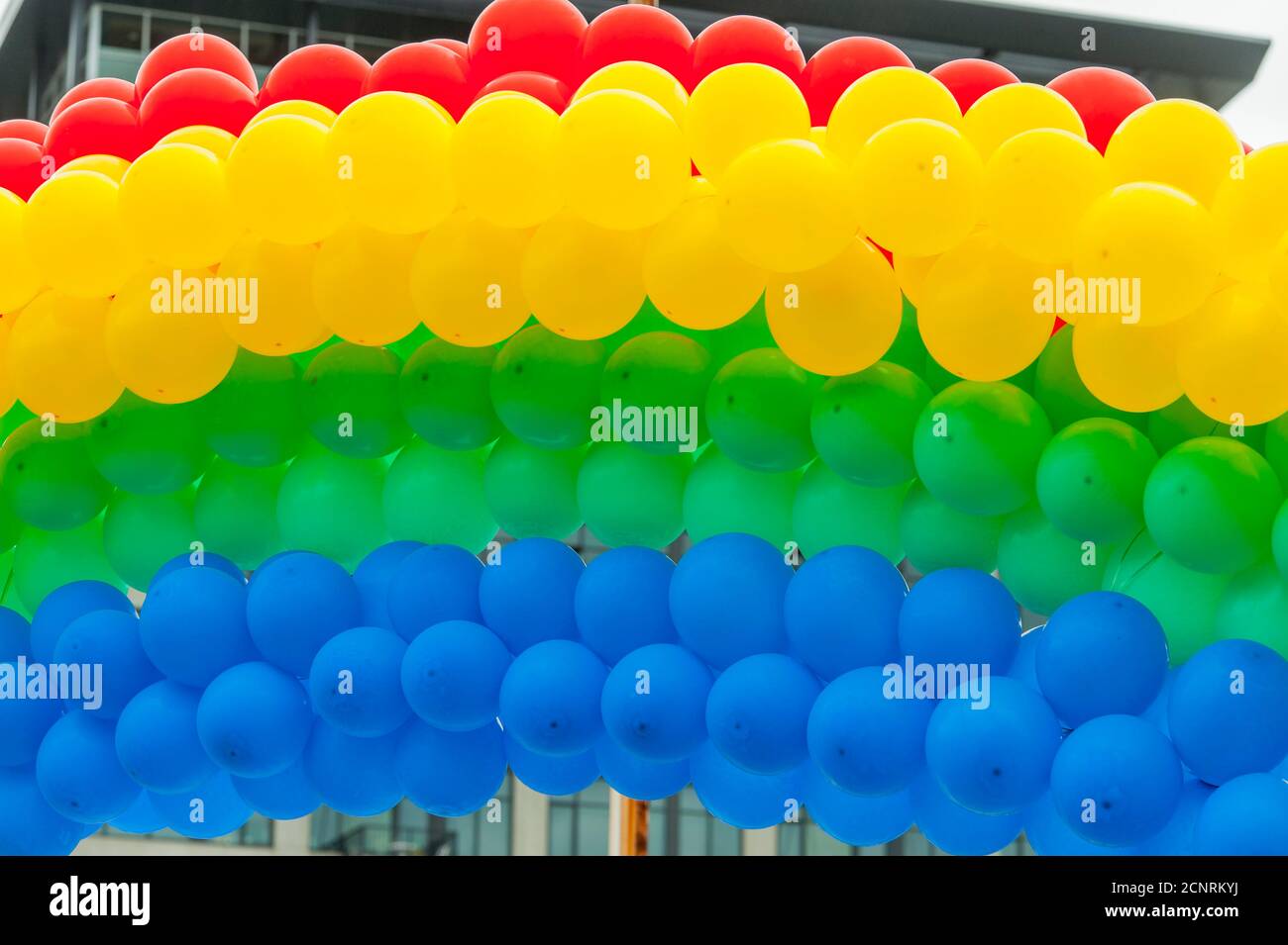 Balloons in the rainbow colors decorating the Seattle Center in Seattle ...