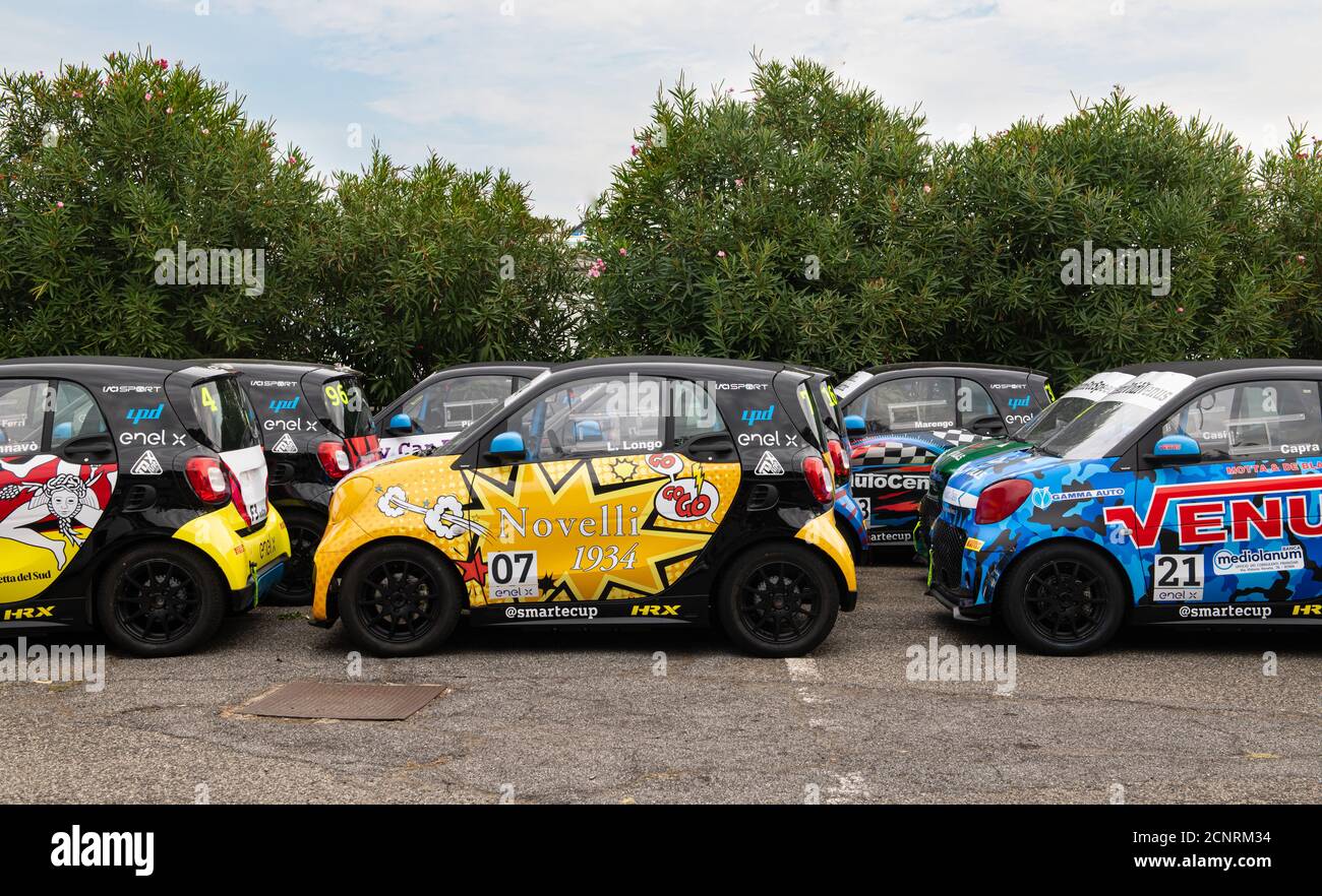 Vallelunga, Rome, Italy, 11 september 2020. American festival of Rome. Many aligned Mercedes Smart electric cars racing in motorsport circuit paddock Stock Photo