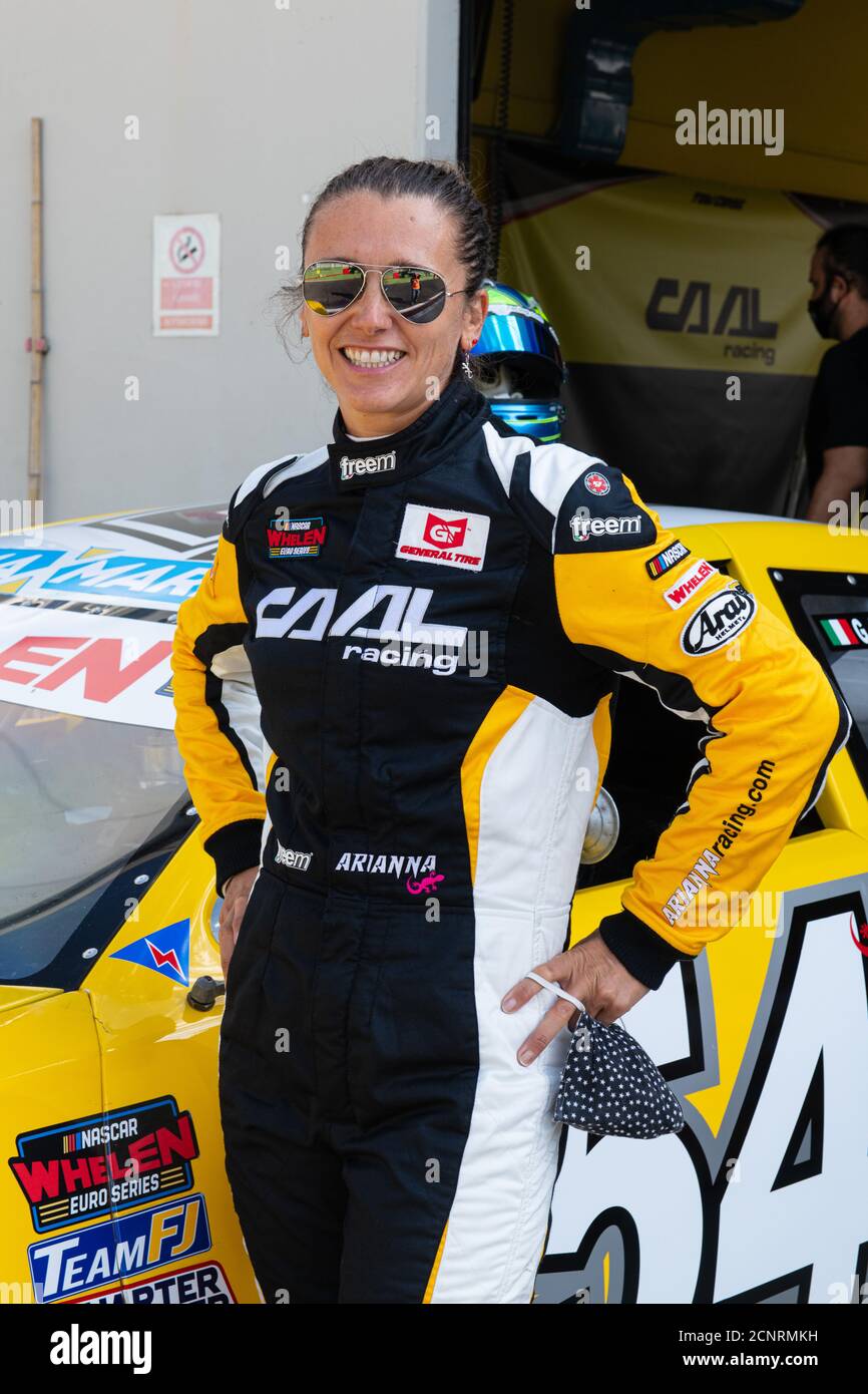 Vallelunga, Rome, Italy, 12 september 2020. American festival of Rome - Nascar Euro championship. Driver woman Arianna Casoli smiling near her car Stock Photo
