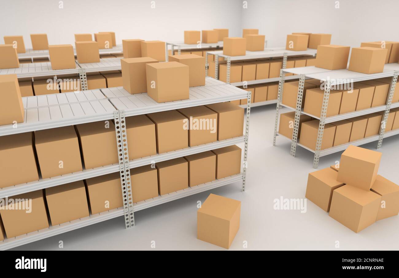 Warehouse interior with shelves, racks and boxes 3d render illustration ...
