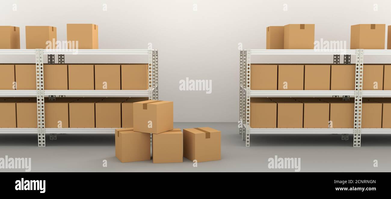 Warehouse interior with shelves and boxes 3d render illustration Stock ...