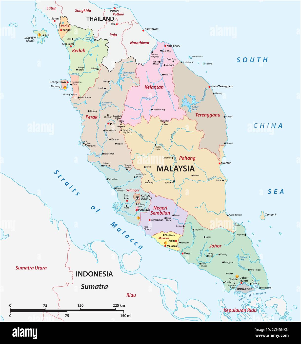 administrative structure vector map of the Malay Peninsula, Malaysia Stock Vector