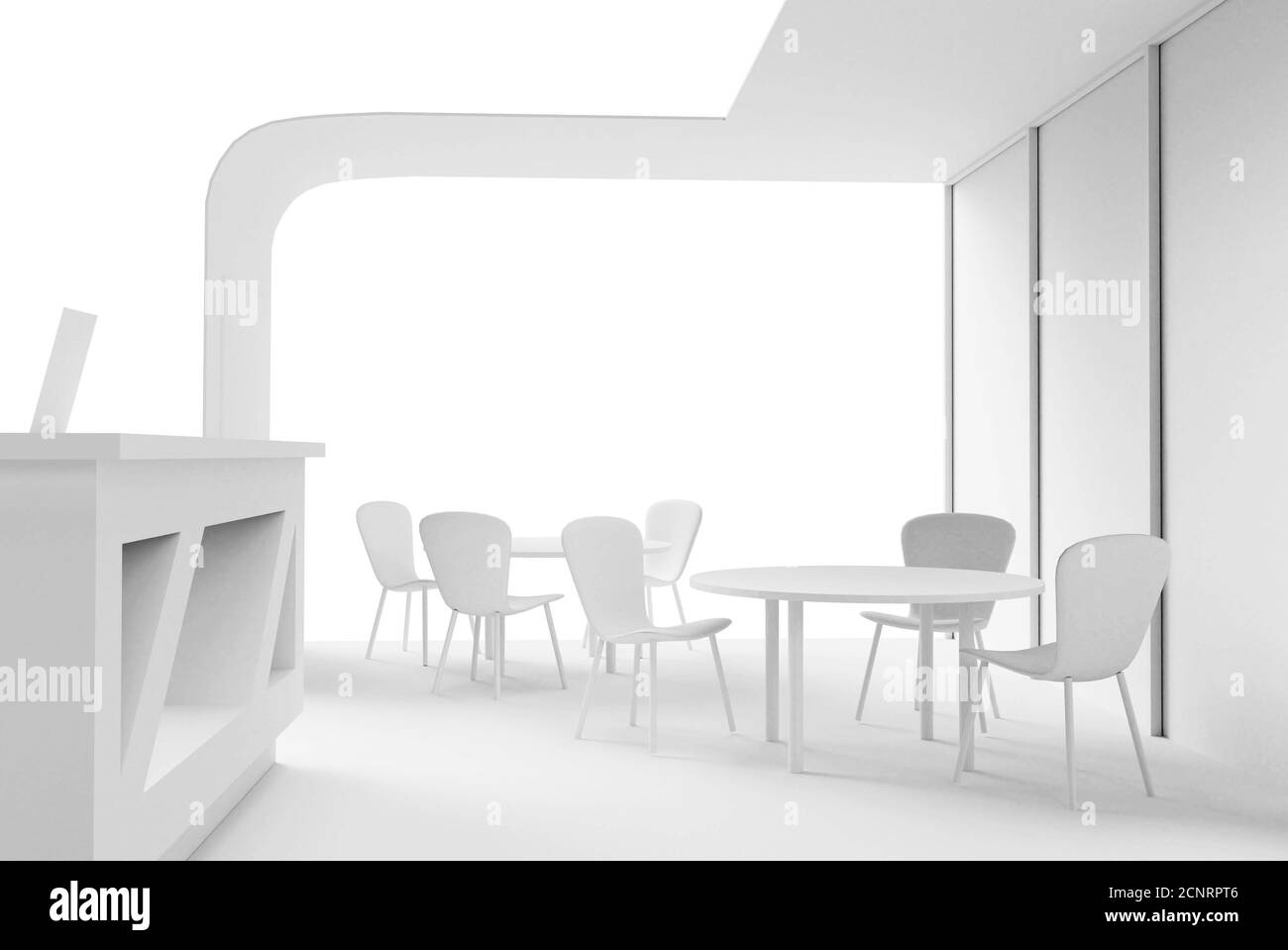 Cafe interior showroom exhibition stand 3d render with table and chairs