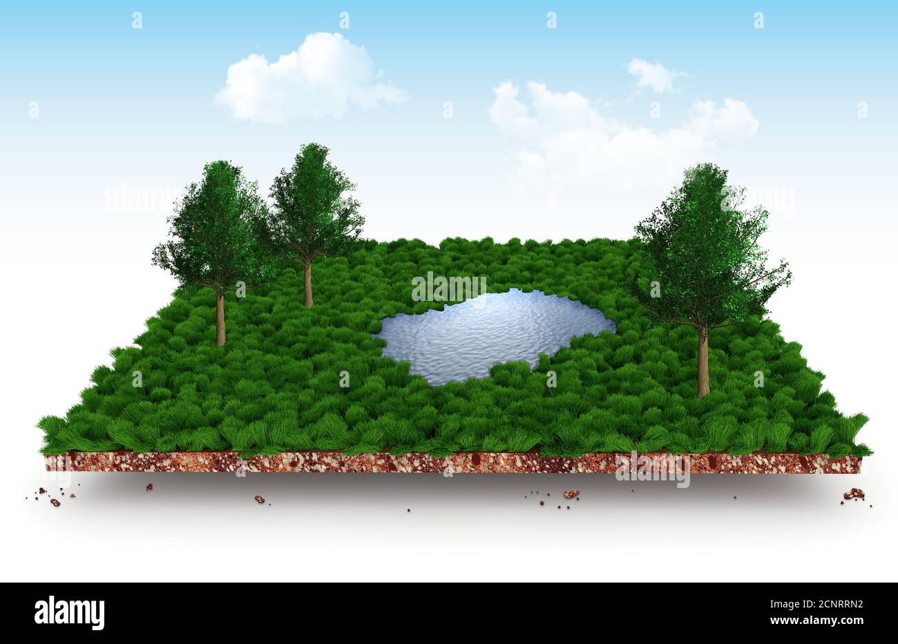 Section of soil layers with meadow, trees and lake 3d illustration Stock Photo
