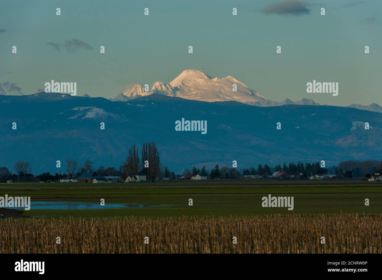 View of the Cascade Mountains with Mount Baker from the Skagit Valley near Mount Vernon