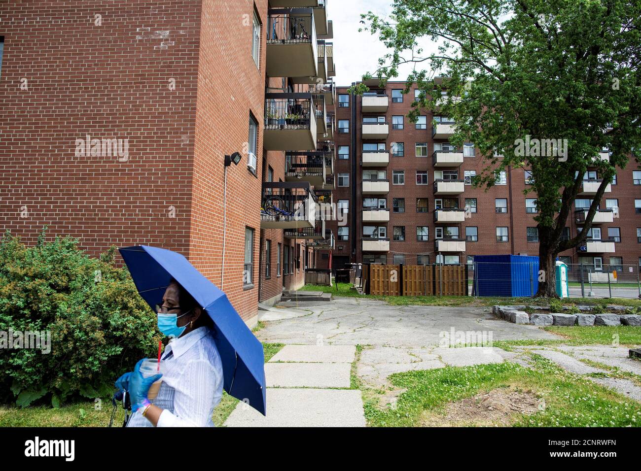 The balcony on the bottom left is where police entered the apartment of Ejaz Ahmed Choudry, 62, where he was shot and killed on June 20 by Peel Regional Police who family members say suffered from schizophrenia in Malton, Ontario, Canada June 22, 2020. REUTERS/Carlos Osorio Stock Photo