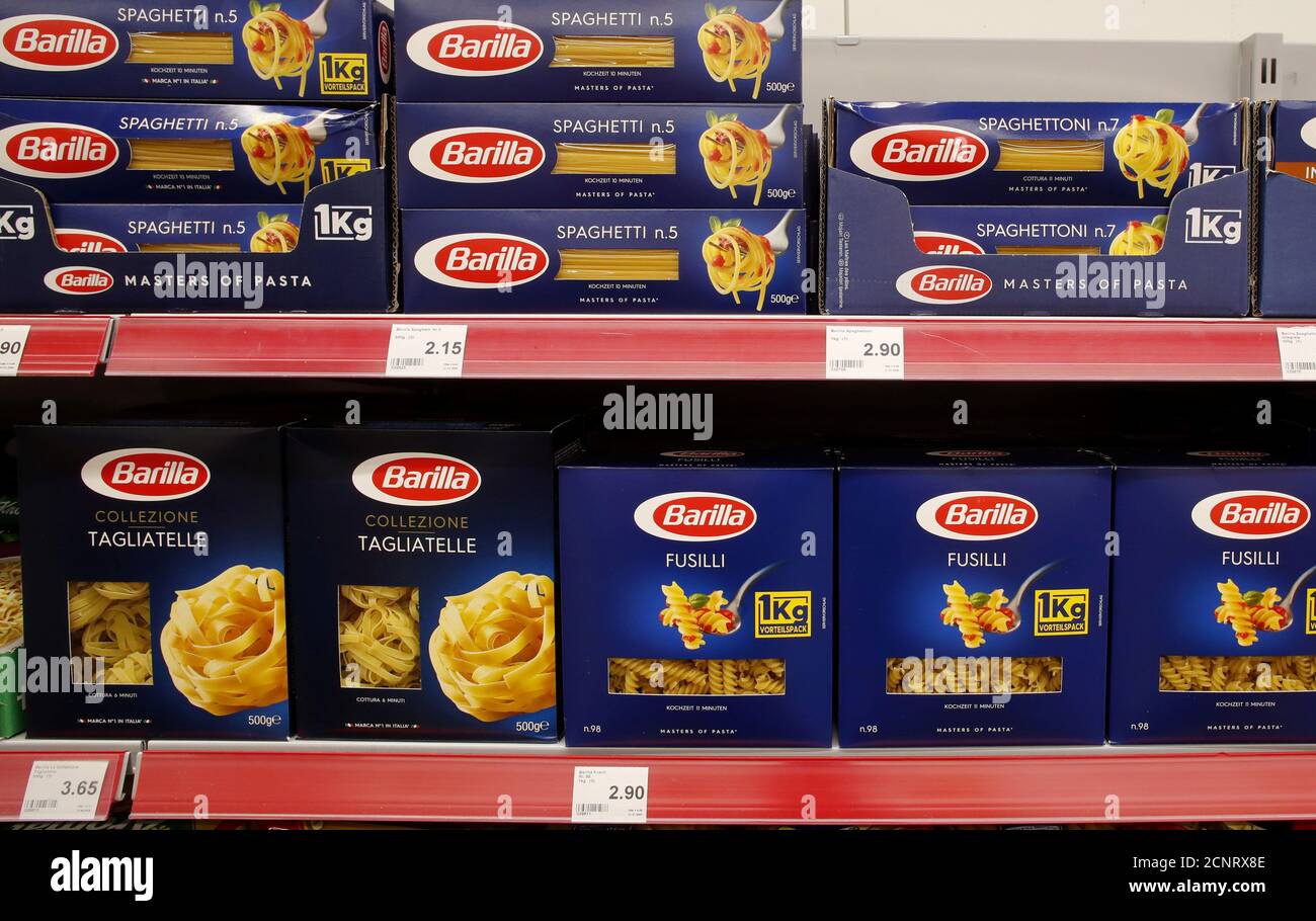 Pasta products of Italian producer Barilla are displayed at a supermarket  of Swiss retailer Denner, as the spread of the coronavirus disease  (COVID-19) continues, in Glattbrugg, Switzerland June 26, 2020. Picture  taken