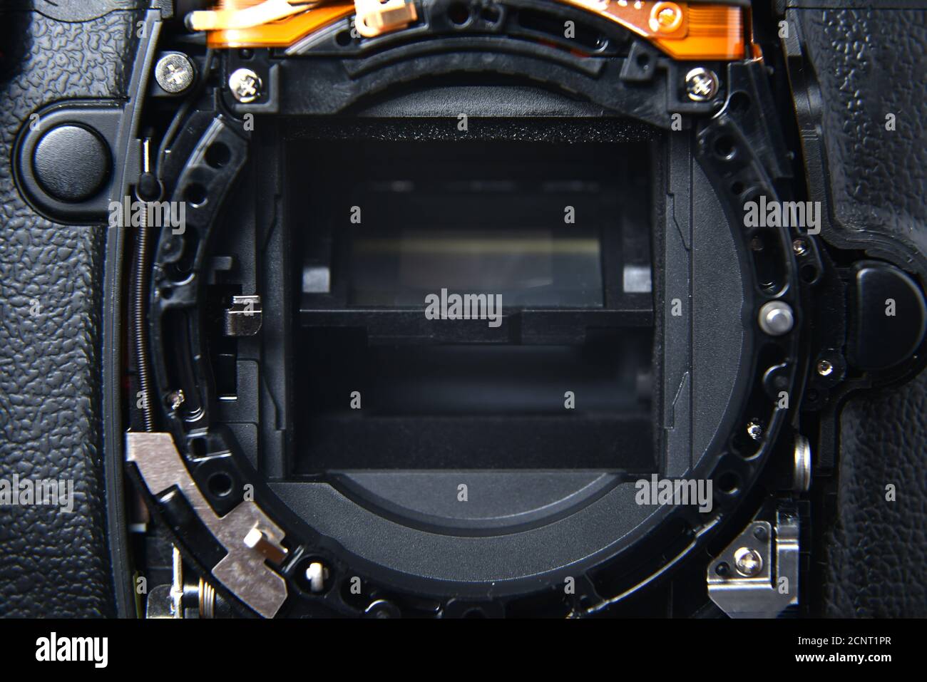 Repair SLR camera. Mirror inside camera, lens mount Stock Photo