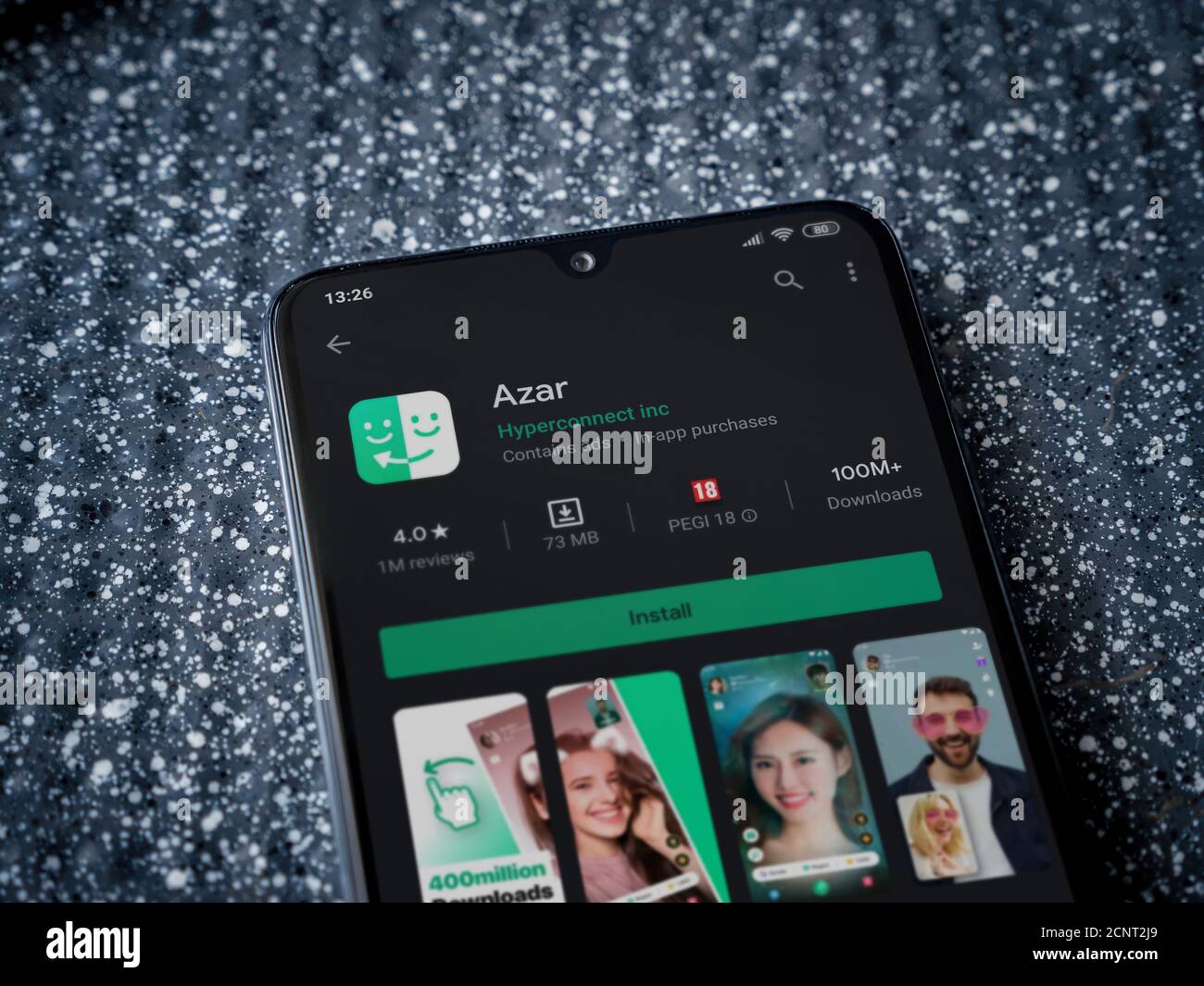 Lod Israel July 8 2020 Azar App Play Store Page On The Display Of A Black Mobile Smartphone On A Metallic Background Close Up Top View Flat Lay Stock Photo Alamy