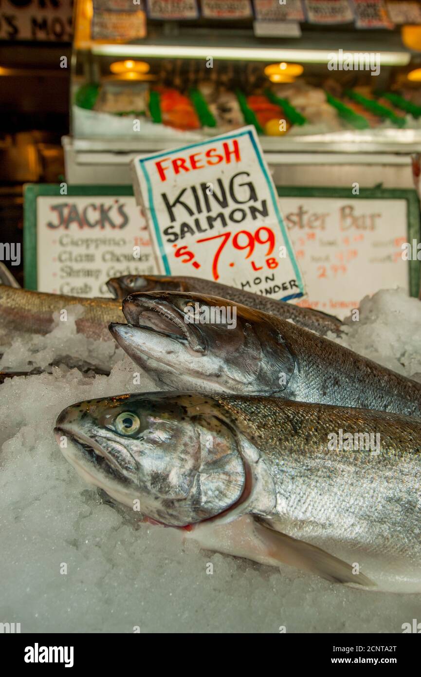 Fresh king salmon for sale at the Pike Place Market in Seattle, Washington State, USA Stock