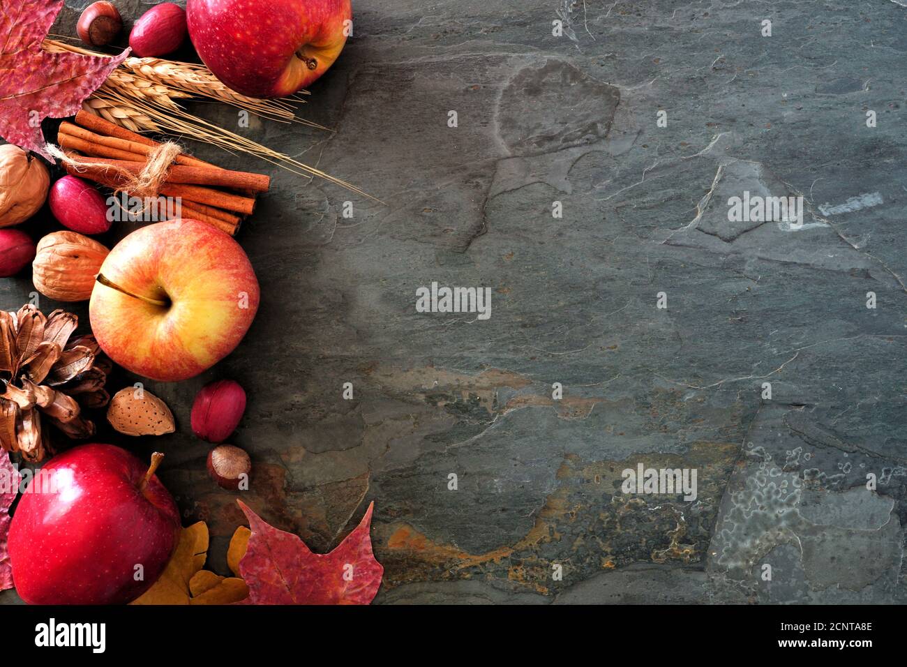 Autumn side border of apples, fall foods and decor on a dark stone background with copy space Stock Photo