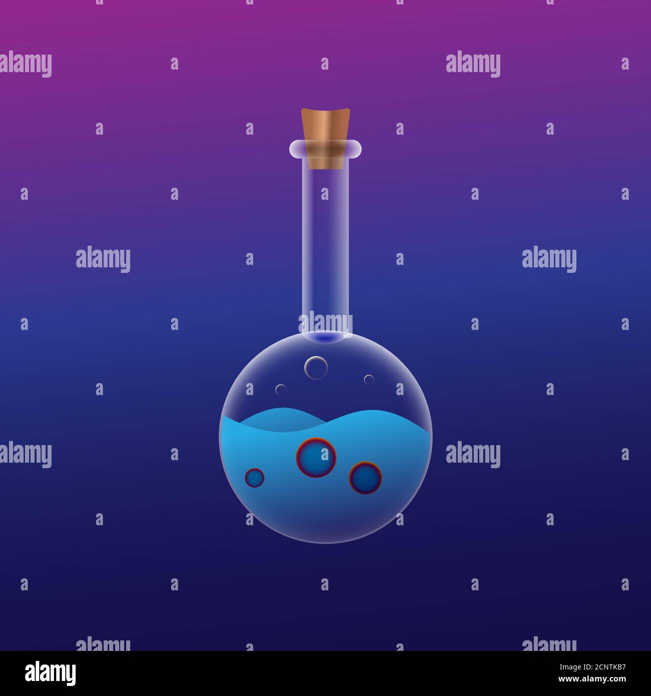 Round Glass Bottle with Blue Magic Potions. Realistic Detailed Vector illustration. Magenta, purple, blue, Multicolor background design. Halloween Stock Vector