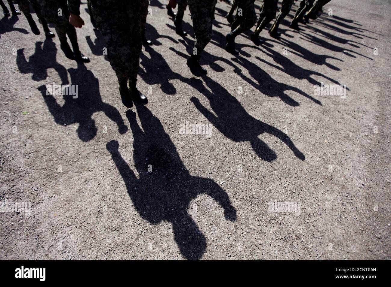 Members of the armed forces who form part of a new military police for public order (PMOP) cast their shadows on the ground during a media presentation in Tamara, on the outskirts of Tegucigalpa September 6, 2013. Honduras' congress has approved a new military police unit of 5,000 troops who will be in charge of police operations, public order and safety, according to local media.     REUTERS/Jorge Cabrera (HONDURAS - Tags: CRIME LAW MILITARY TPX IMAGES OF THE DAY) Stock Photo