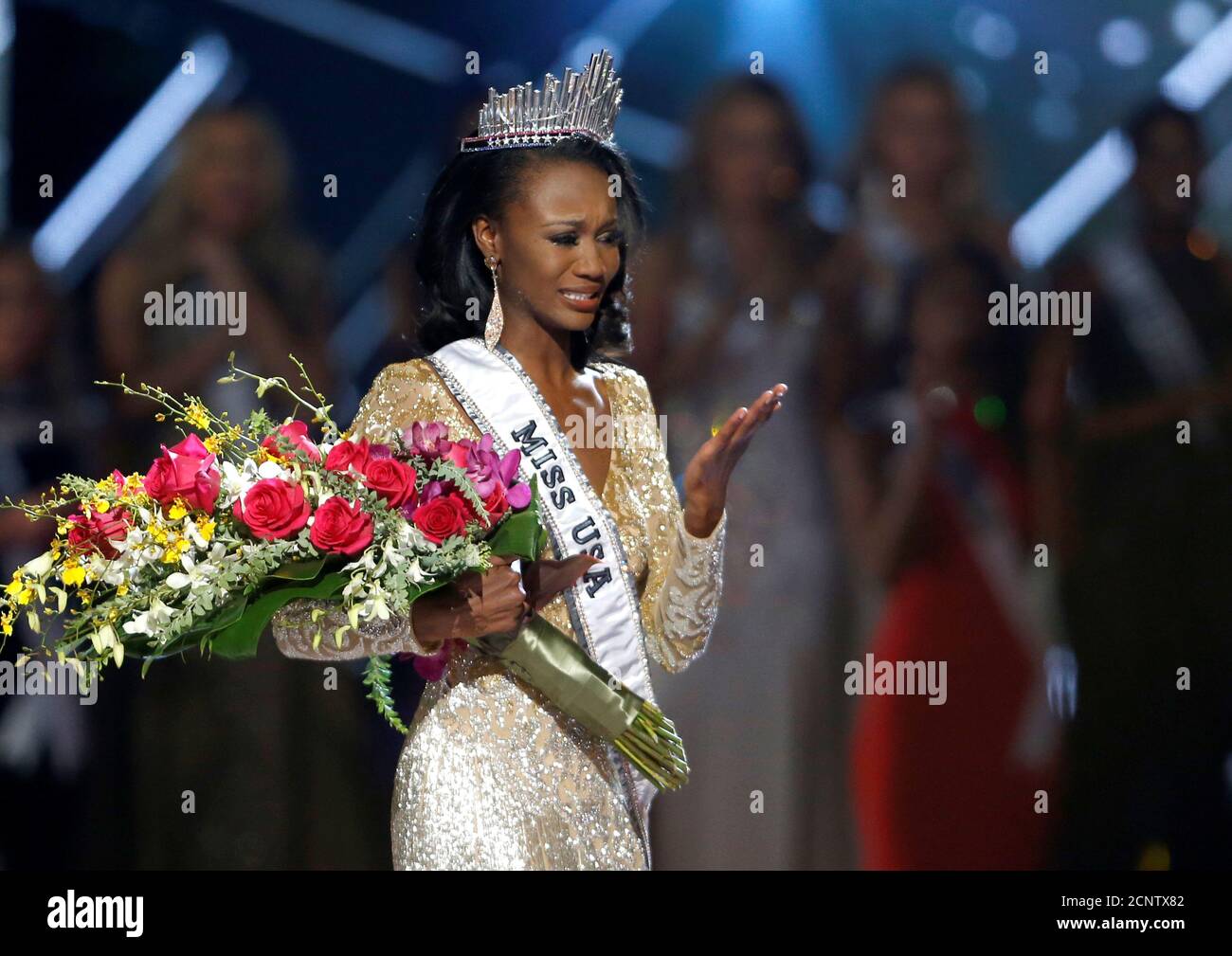 Miss District of Columbia Deshauna Barber reacts after being crowned Miss USA 2016 during the 2016 Miss USA pageant at the T-Mobile Arena in Las Vegas, Nevada, U.S., June 5, 2016. REUTERS/Steve Marcus Stock Photo
