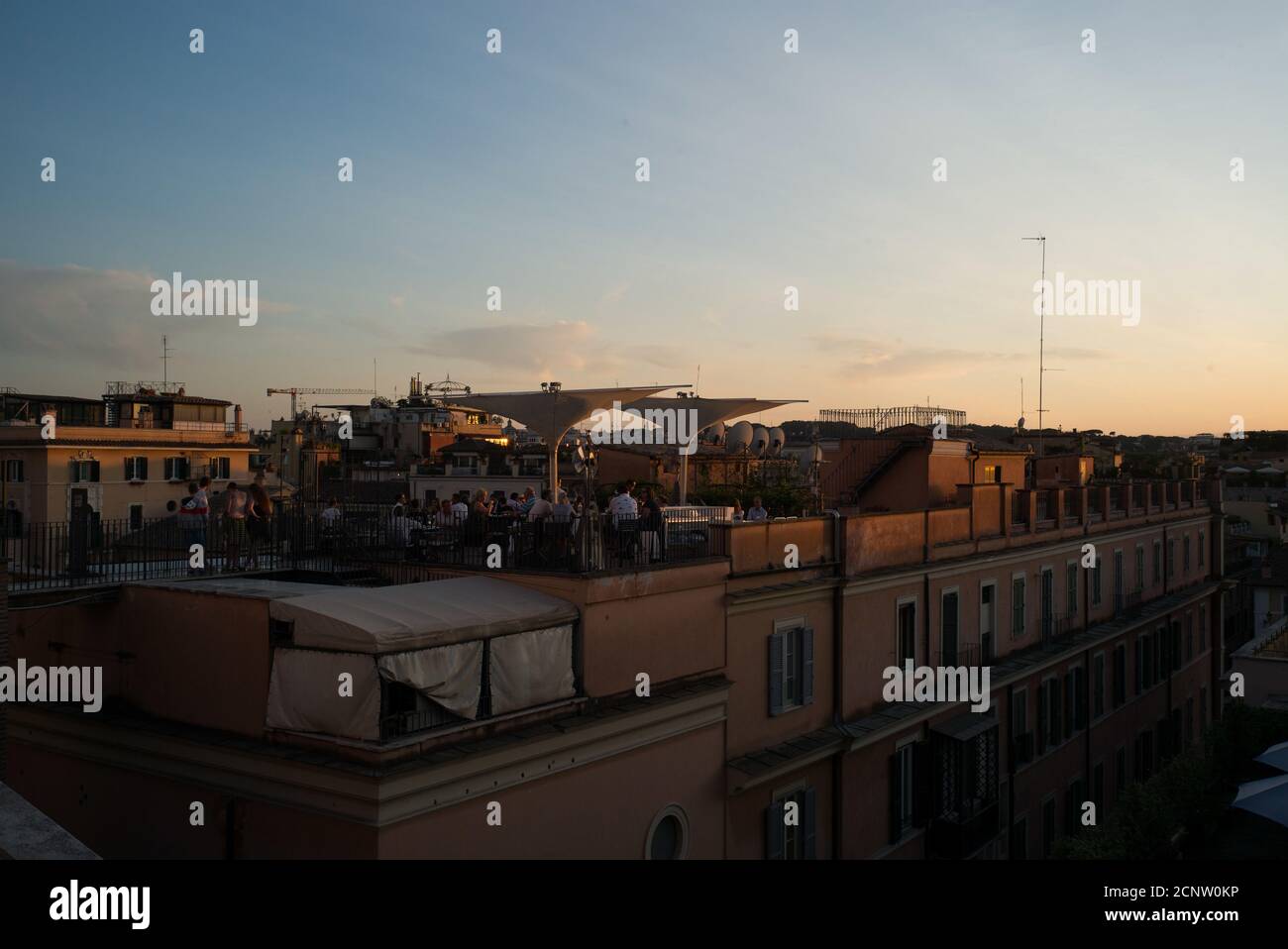 Il Palazzetto, parasols, rooftop restaurant and bar next to Spanish Steps, Rome, Italy Stock