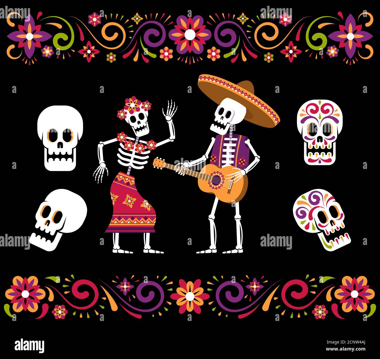 Day of dead skeleton sugar skull and mexican floral ornament Stock Vector