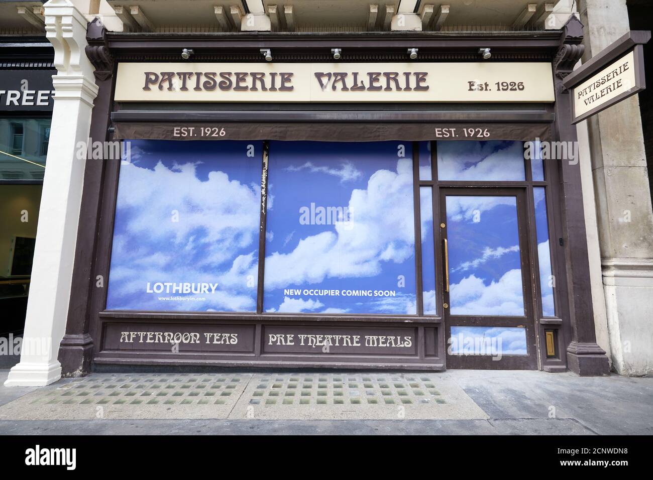 London, UK. - 18 Sept 2020: The former Patisserie Valerie store in Covent Garden, which remains boarded up. The cafe chain fell into administration in early 2019. Stock Photo