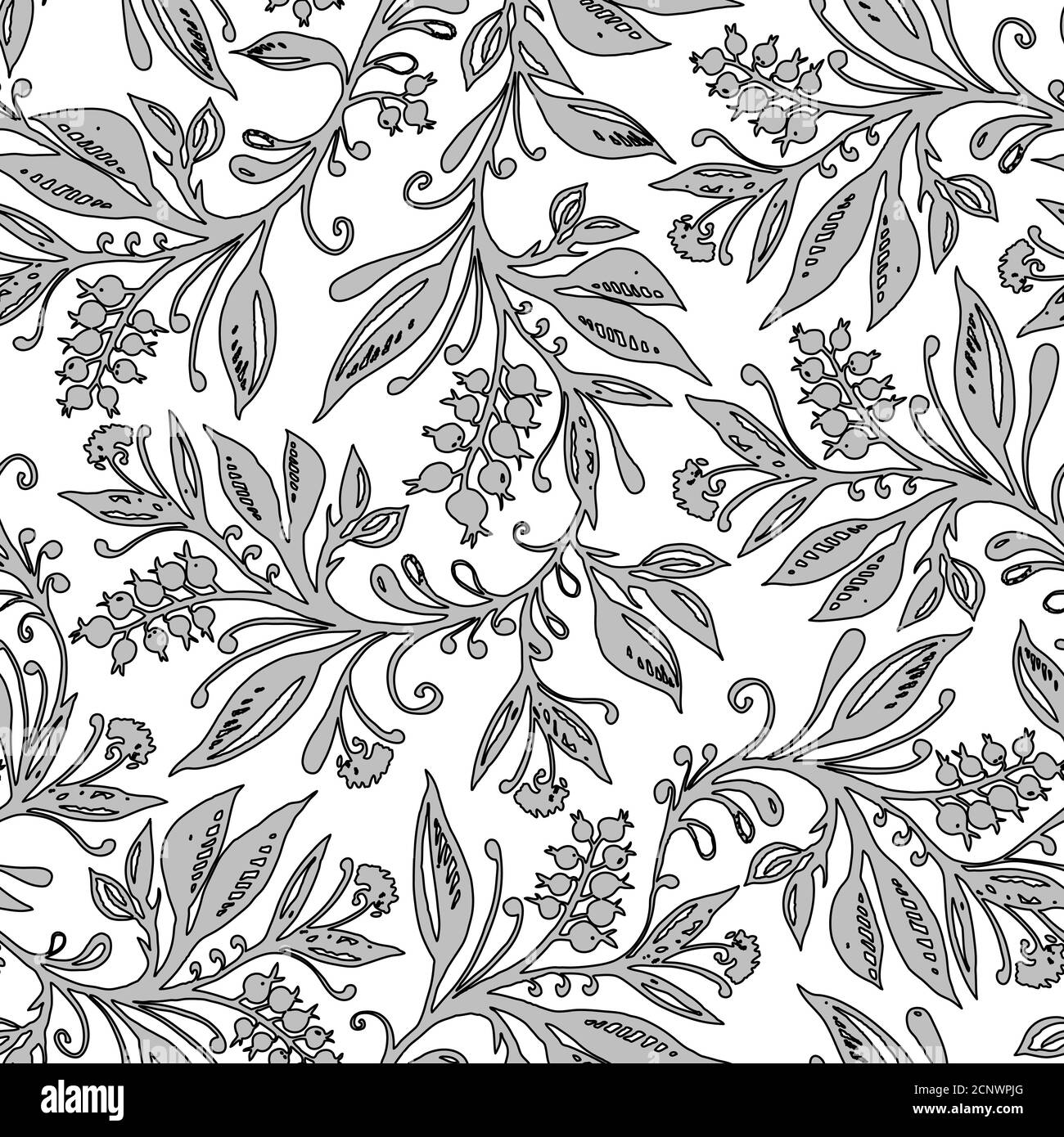 Floral Seamless Pattern With Leaves And Berries In Grayscale Hand Drawing Background For Title Blog Decoration Design For Wallpapers Textiles Fabrics Stock Vector Image Art Alamy