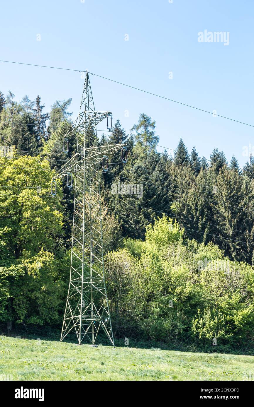Power pylon on the green field near the forest Stock Photo