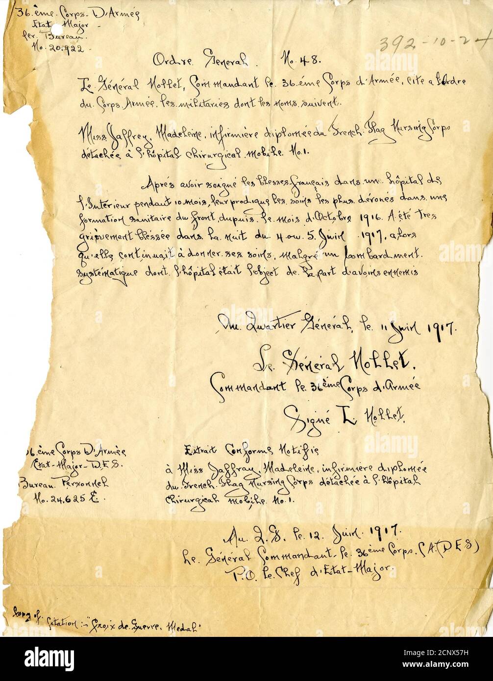 Croix De Guerre Citation For Madeleine Jaffray From The French Army Stock Photo Alamy