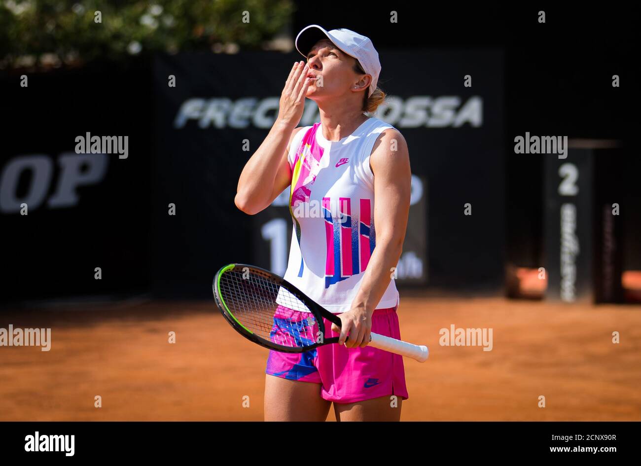 Rome, Italy. 18th Sept, 2020. Simona Halep of Romania in action during her  third-round match at the 2020 Internazionali BNL d'Italia WTA Premier 5  tennis tournament on September 18, 2020 at Foro