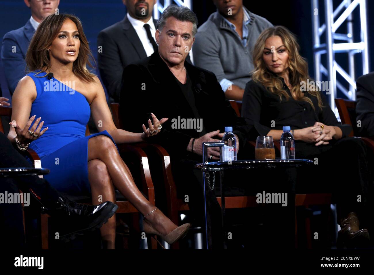 Cast member and executive producer Jennifer Lopez (L) speaks next to  co-stars Ray Liotta and Drea de Matteo at a panel for the NBC series  "Shades of Blue" during the Television Critics