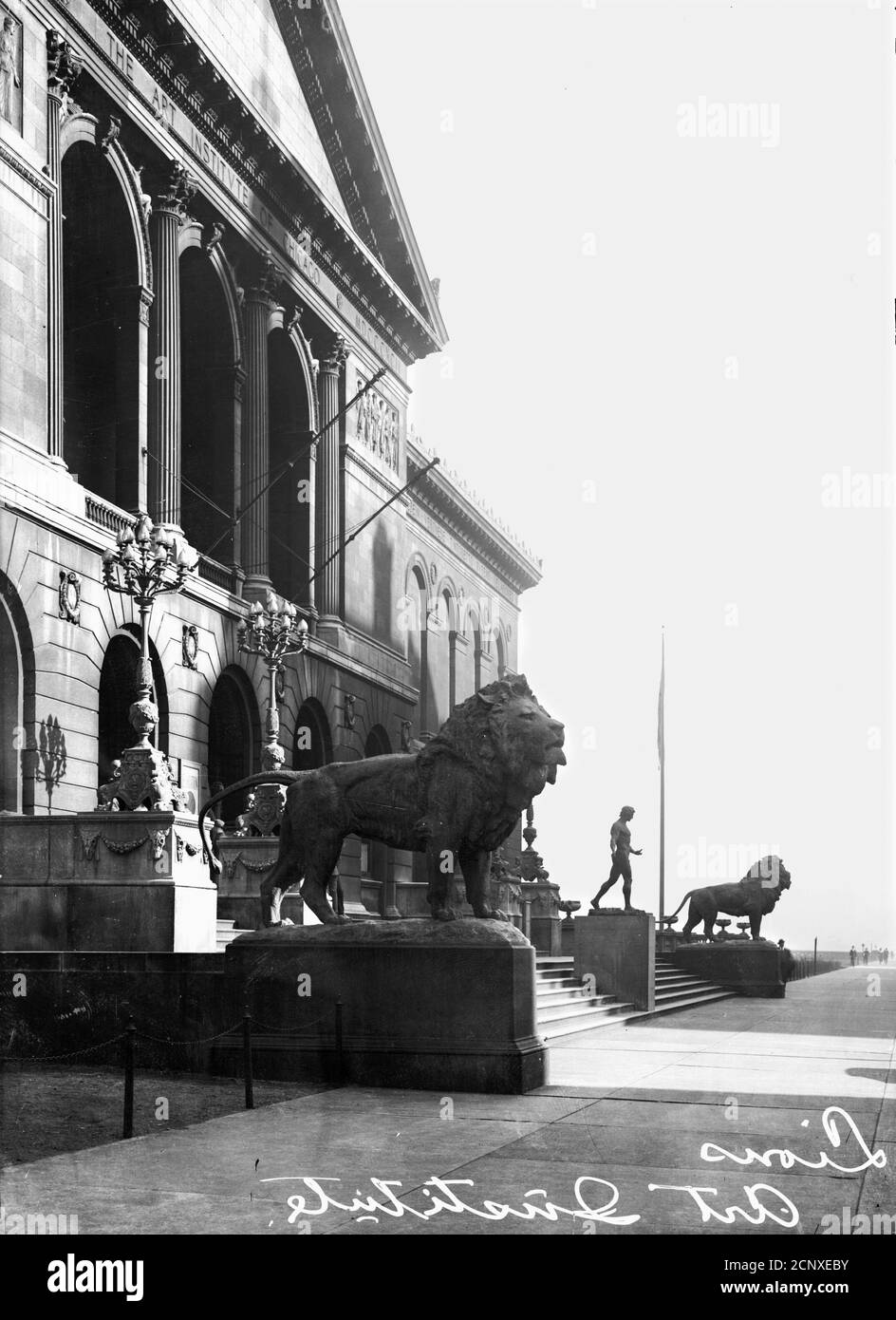 Lion sculptures in front of the South Michigan Avenue entrance to the Art Institute of Chicago, Chicago, Illinois, circa 1906. Stock Photo